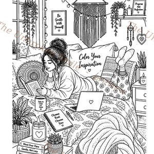 Peut inclure: Illustration en noir et blanc d'une chambre confortable. Une personne lit au lit, entour&eacute;e d'un ordinateur portable, d'une tasse et d'un carnet. L'image contient du texte tel que "Color Your Inspiration", "Be Gentle With Yourself" et "Choose Rest Choose You".