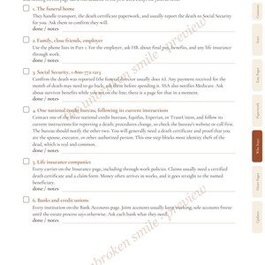 May include: A printed checklist titled Who to Notify, in Order (1 of 2) for the one who stays. The page includes six numbered items with checkboxes for the funeral home, family, Social Security, credit bureaus, life insurance, and banks.