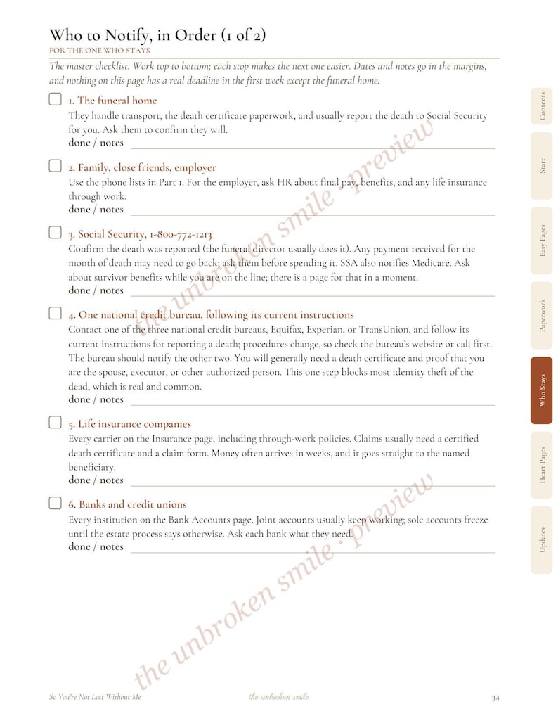 May include: A printed checklist titled Who to Notify, in Order (1 of 2) for the one who stays. The page includes six numbered items with checkboxes for the funeral home, family, Social Security, credit bureaus, life insurance, and banks.