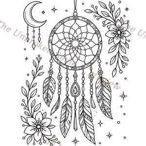 May include: Black and white line art illustration of a dreamcatcher with a crescent moon, feathers, beads, and floral elements. The dreamcatcher is centered, with detailed patterns and hanging embellishments. Stars and floral accents surround the main design.
