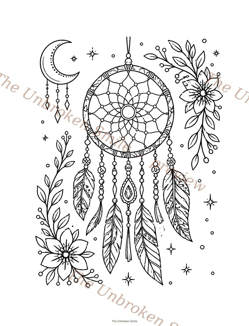 May include: Black and white line art illustration of a dreamcatcher with a crescent moon, feathers, beads, and floral elements. The dreamcatcher is centered, with detailed patterns and hanging embellishments. Stars and floral accents surround the main design.