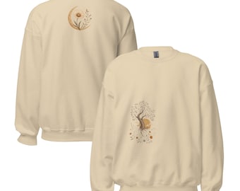 Rooted Tree Sweatshirt, Large Front Print with Moon and Daisy Back, Resilience Gift for Women