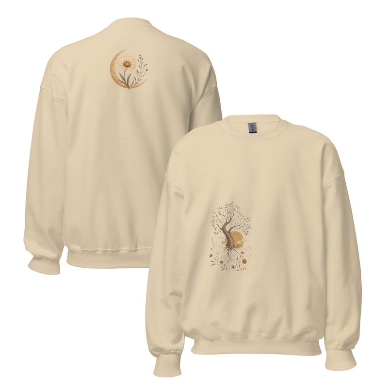 Rooted tree sweatshirt with moon and daisy design