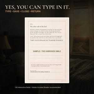May include: A digital journal page titled The other side of the bed with interactive fields. The text includes a prompt about marriage geography, a sample section labeled THE UNBROKEN SMILE, and lines for daily entries. The page is cream-colored.