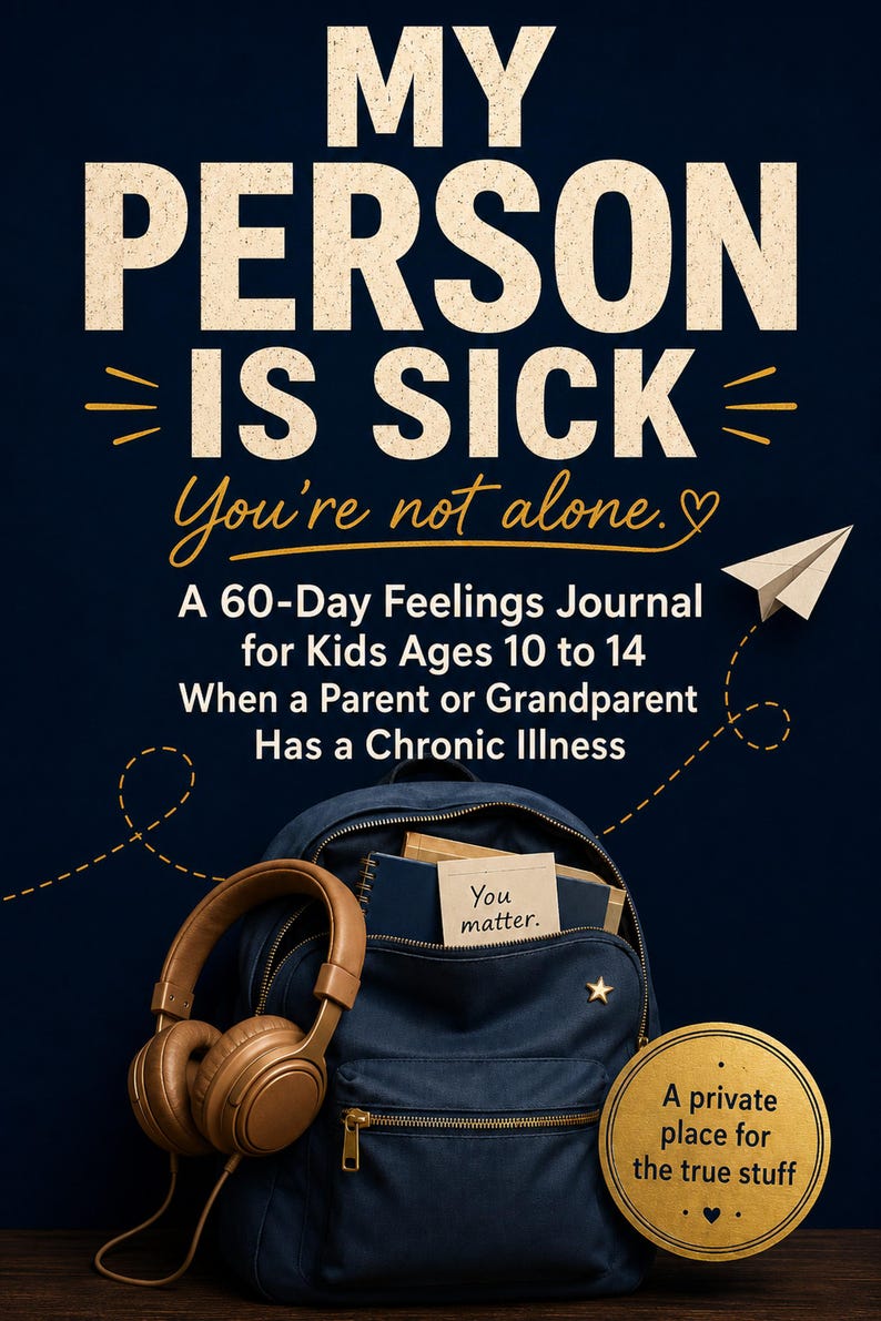 Midnight blue My Person Is Sick journal cover with cream title, backpack, headphones, paper airplane, and a gold private-place badge.