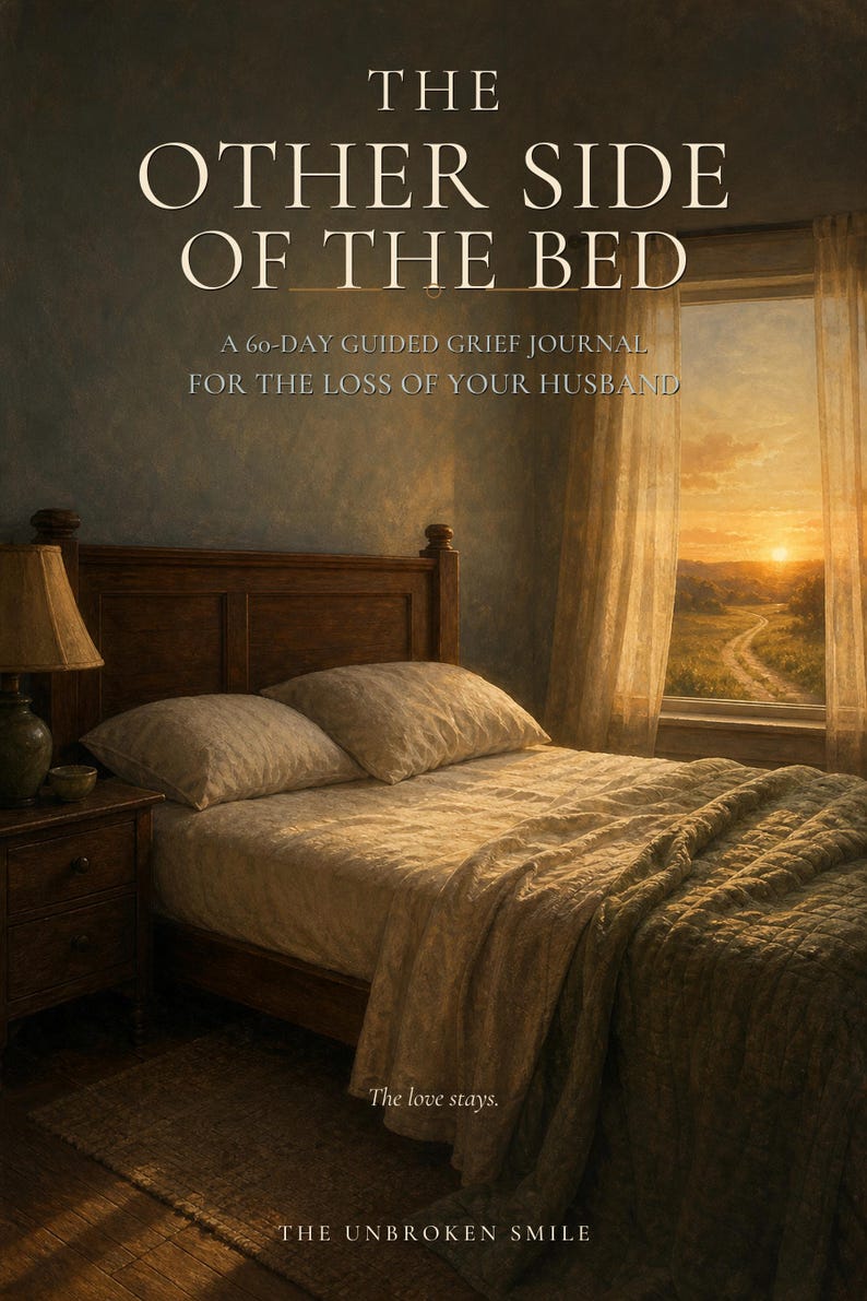 May include: A book cover titled THE OTHER SIDE OF THE BED, A 60-DAY GUIDED GRIEF JOURNAL FOR THE LOSS OF YOUR HUSBAND. The image shows a wooden bed with patterned bedding, a bedside lamp, and a window view of a sunset. Text reads The love stays.