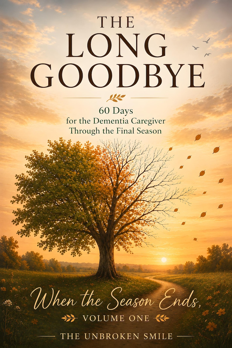 May include: A book cover titled The Long Goodbye: 60 Days for the Dementia Caregiver Through the Final Season. The cover features a tree transitioning from green leaves to bare branches against a sunset sky, with falling leaves and a path.