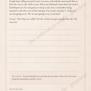 May include: A page from a journal titled Day 1: The size of it. The text discusses grief and includes a prompt asking, How big is it, really? The page features lined spaces for writing, a small act instruction, and a floral illustration at the bottom.