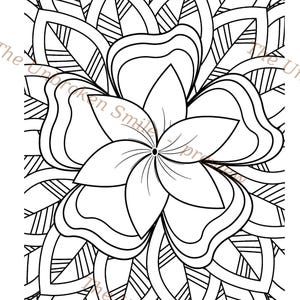 May include: Black and white floral coloring page featuring a central flower design, encircled by leaves and abstract patterns. The Unbroken Smile is printed at the bottom.