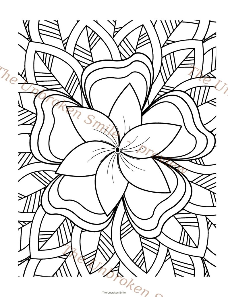 May include: Black and white floral coloring page featuring a central flower design, encircled by leaves and abstract patterns. The Unbroken Smile is printed at the bottom.
