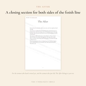 May include: A white page from a journal titled The After, featuring black printed text that begins with the sentence, If you are here, the season has ended. The page includes a header reading PREVIEW - The Unbroken Smile and a small page number.