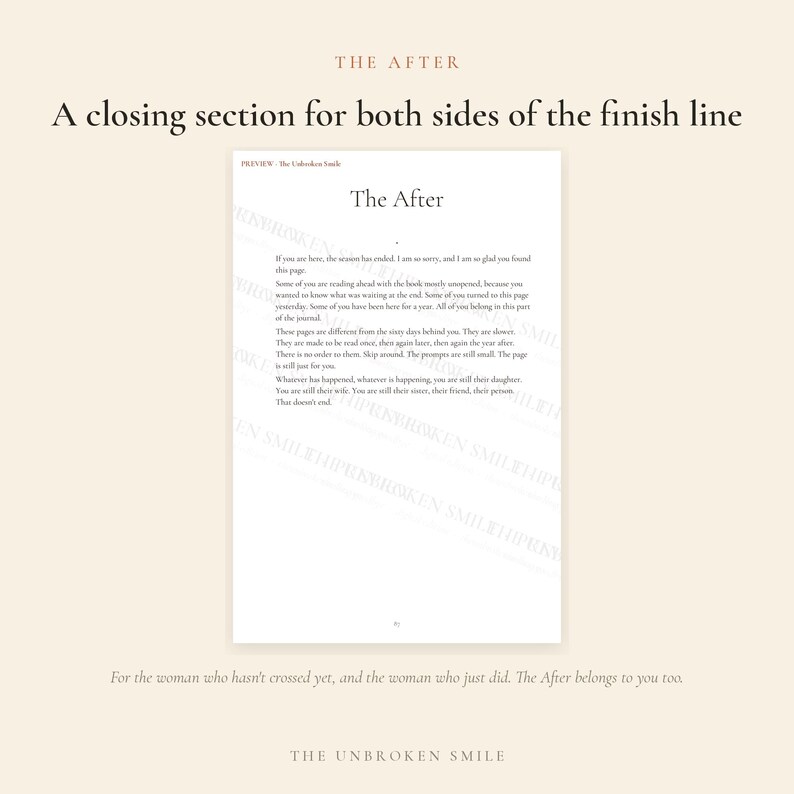 May include: A white page from a journal titled The After, featuring black printed text that begins with the sentence, If you are here, the season has ended. The page includes a header reading PREVIEW - The Unbroken Smile and a small page number.
