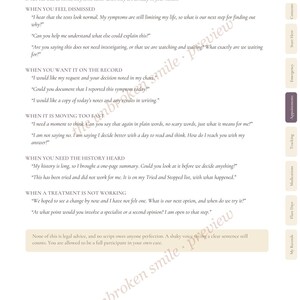 May include: A page titled Words That Hold the Room, focusing on medical appointments. It lists phrases for patients to use when feeling dismissed, wanting records, needing history heard, or when treatment is not working, with a side navigation bar.