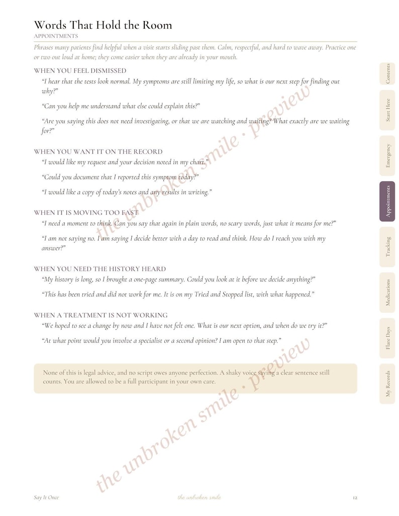 May include: A page titled Words That Hold the Room, focusing on medical appointments. It lists phrases for patients to use when feeling dismissed, wanting records, needing history heard, or when treatment is not working, with a side navigation bar.