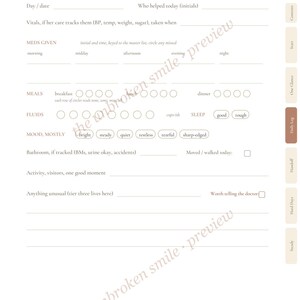 May include: A Daily Log page featuring sections for date, vitals, medications, meals, fluids, sleep, mood, bathroom habits, activity, and unusual events. The layout includes checkboxes, lines for notes, and a sidebar with tab labels for organization.