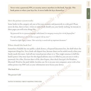 May include: A page titled The Safety Page from a book, featuring instructions on secure password management. The text advises against writing passwords directly in the book, suggesting instead to record locations of recovery kits and contacts.