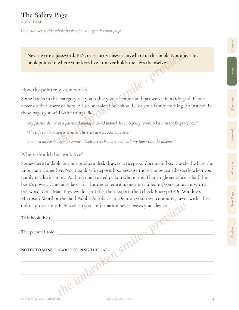 May include: A page titled The Safety Page from a book, featuring instructions on secure password management. The text advises against writing passwords directly in the book, suggesting instead to record locations of recovery kits and contacts.