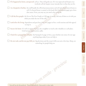 May include: A page titled The First Day or Two from a book titled So You're Not Lost Without Me. The page contains a checklist for those managing end-of-life arrangements, with side tabs labeled Contents, Start, Easy Pages, Paperwork, Who Stays, Heart Pages, and Updates.