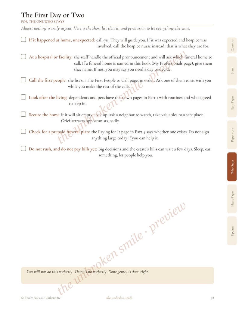 May include: A page titled The First Day or Two from a book titled So You're Not Lost Without Me. The page contains a checklist for those managing end-of-life arrangements, with side tabs labeled Contents, Start, Easy Pages, Paperwork, Who Stays, Heart Pages, and Updates.