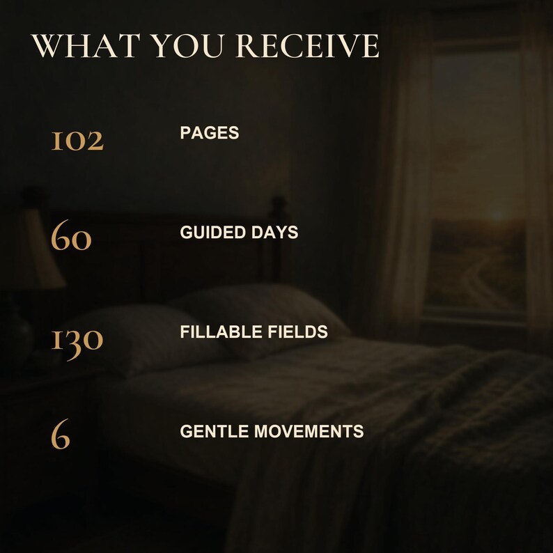 May include: A dark, moody graphic listing the contents of a product with the text WHAT YOU RECEIVE followed by 102 PAGES, 60 GUIDED DAYS, 130 FILLABLE FIELDS, and 6 GENTLE MOVEMENTS. The background shows a dimly lit bedroom with a bed and window.