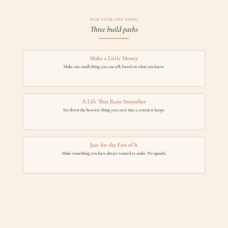 May include: A graphic with the text "PICK YOUR ONE THING" and "Three build paths." Three rectangular boxes contain text: "Make a Little Money," "A Life That Runs Smoother," and "Just for the Fun of It."