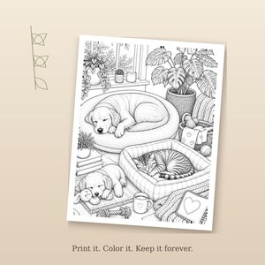 May include: Black and white coloring page featuring a dog and cat sleeping in their beds. The image includes a puppy, a kitten, and a Golden Retriever. The text at the bottom reads "Print it. Color it. Keep it forever."