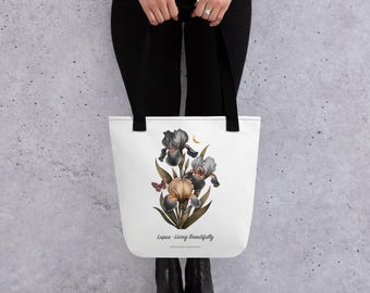 Lupus Awareness Tote Bag, Living Beautifully Iris Botanical Book Bag, Autoimmune Gift