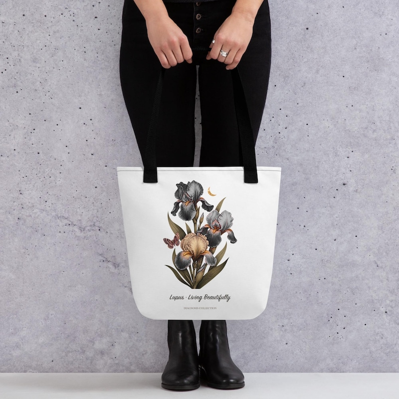 Living Beautifully iris lupus awareness tote bag