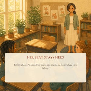 Wren's classroom seat kept open while she is absent, showing that her place still belongs to her.