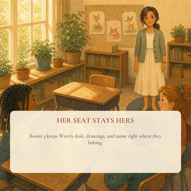 Wren's classroom seat kept open while she is absent, showing that her place still belongs to her.