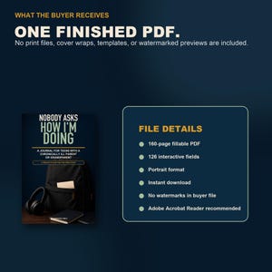 May include: A digital product listing for a 160-page fillable PDF journal titled Nobody Asks How I'm Doing, featuring 126 interactive fields in portrait format. The graphic displays a black backpack, headphones, and a notebook on a dark surface.
