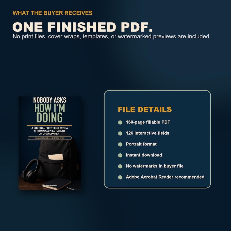 May include: A digital product listing for a 160-page fillable PDF journal titled Nobody Asks How I'm Doing, featuring 126 interactive fields in portrait format. The graphic displays a black backpack, headphones, and a notebook on a dark surface.