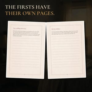 May include: An open journal with cream-colored pages featuring black text and lined writing spaces. The left page is titled Your wedding anniversary and the right page is titled The first holidays. The text THE FIRSTS HAVE THEIR OWN PAGES appears above.