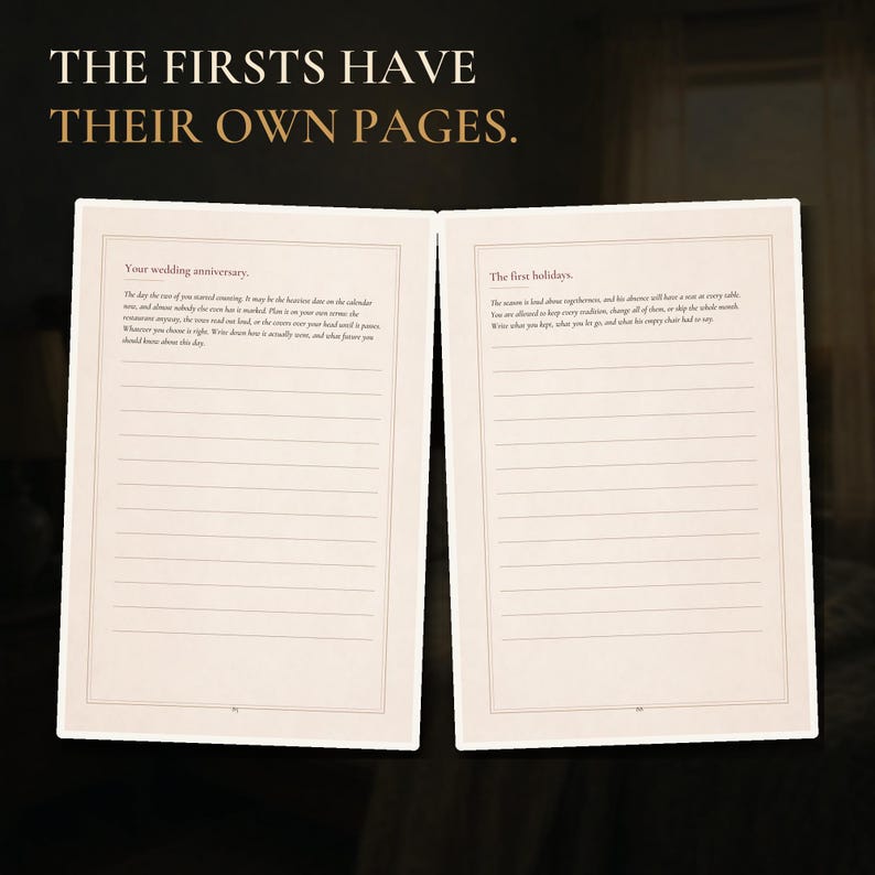 May include: An open journal with cream-colored pages featuring black text and lined writing spaces. The left page is titled Your wedding anniversary and the right page is titled The first holidays. The text THE FIRSTS HAVE THEIR OWN PAGES appears above.