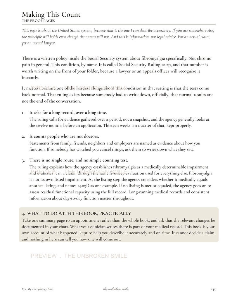 May include: A printed page titled Making This Count, The Proof Pages, containing text about Social Security Ruling 12-2p for fibromyalgia. The document outlines evidence requirements, the role of non-doctor statements, and evaluation processes for medical claims.
