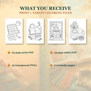 May include: A digital product display featuring the text WHAT YOU RECEIVE PRINT + TABLET COLORING FILES. It shows four black and white line art coloring pages depicting a puzzle, a book with glasses, a window with birds, and a cat on a bed.
