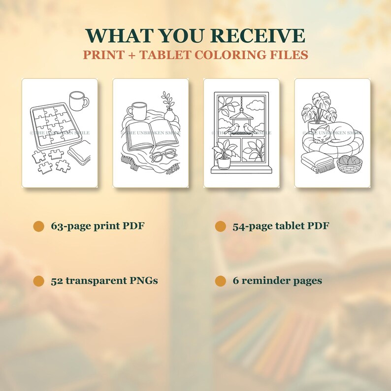May include: A digital product display featuring the text WHAT YOU RECEIVE PRINT + TABLET COLORING FILES. It shows four black and white line art coloring pages depicting a puzzle, a book with glasses, a window with birds, and a cat on a bed.