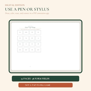 May include: A digital edition Quiet-Voice Bingo game page displayed on a tablet screen. The text reads: DIGITAL EDITION, USE A PEN OR STYLUS, Draw, color, trace, and connect in a PDF annotation app, 55 PAGES, 38 FORM FIELDS, NOT A TAP-TO-FILL GAME.