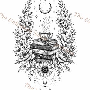 May include: Black and white illustration of a stack of books with a teacup on top, surrounded by floral and celestial elements. A crescent moon, stars, and a sunflower are also featured in the design. The text "The Unbroken Smile" is visible.