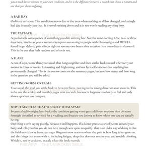 May include: A page titled Four Things That All Get Called a Flare, detailing distinctions between a bad day, the payback, a flare, and getting worse overall. The text explains why it matters to keep these conditions apart for medical records.
