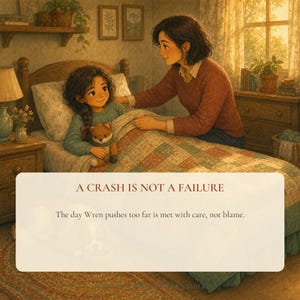 May include: An illustration of a person tucking a child into bed with a fox plush toy. The text reads: A CRASH IS NOT A FAILURE. The day Wren pushes too far is met with care, not blame. The scene features a quilt, wooden furniture, and warm lighting.