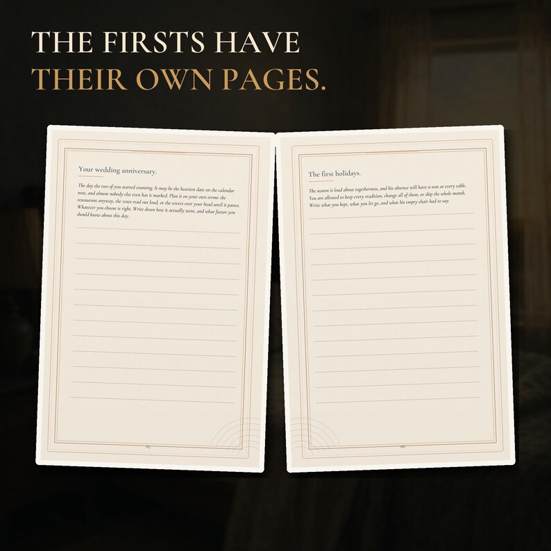 May include: An open journal with cream-coloured pages featuring the text THE FIRSTS HAVE THEIR OWN PAGES. The left page is titled Your wedding anniversary and the right page is titled The first holidays, both containing lined sections for writing.