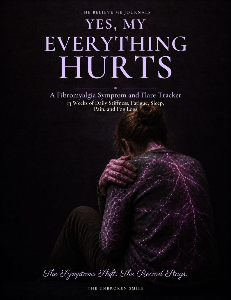 May include: A journal titled YES, MY EVERYTHING HURTS: A Fibromyalgia Symptom and Flare Tracker. The cover features a person with glowing purple lightning-like patterns on their skin, with the text The Symptoms Shift. The Record Stays.