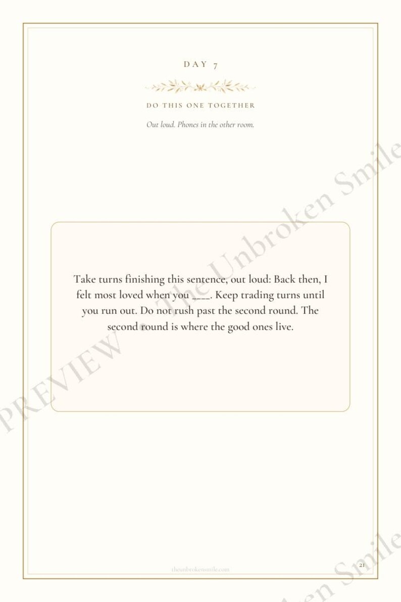 Watermarked Day 7 talking activity page inviting the couple to complete a small exercise together.