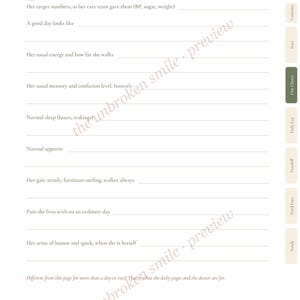 May include: A white paper page titled Her Normal with the subtitle AT ONE GLANCE. The page features lines for recording health metrics like BP, sugar, weight, energy, memory, sleep, appetite, gait, and pain, with colored tabs on the right side.