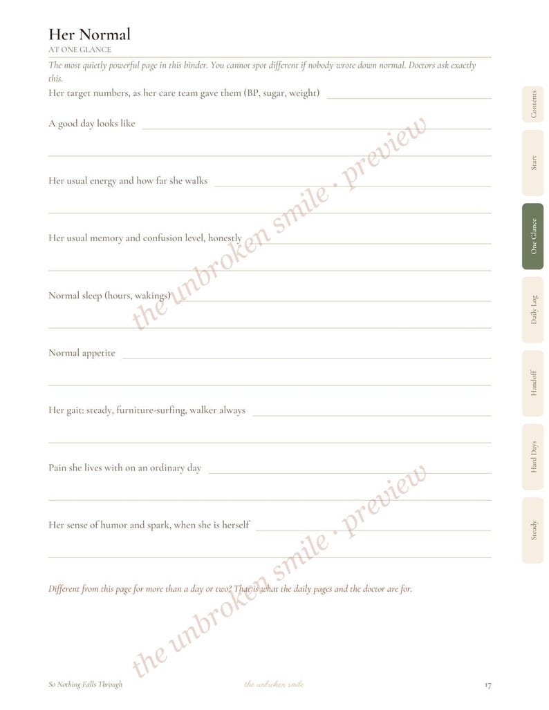 May include: A white paper page titled Her Normal with the subtitle AT ONE GLANCE. The page features lines for recording health metrics like BP, sugar, weight, energy, memory, sleep, appetite, gait, and pain, with colored tabs on the right side.