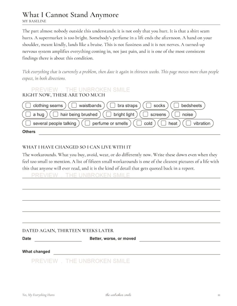May include: A printed document titled What I Cannot Stand Anymore, featuring a section titled My Baseline, a checklist of sensory triggers like clothing seams and noise, and a section for tracking changes over thirteen weeks with lined spaces.