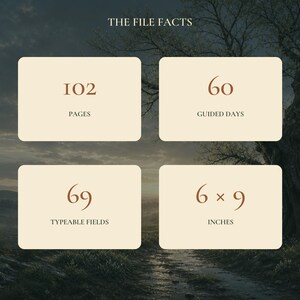 Puede incluir: Un gr&aacute;fico informativo titulado THE FILE FACTS que presenta cuatro rect&aacute;ngulos de color crema con texto marr&oacute;n. Los cuadros muestran 102 PAGES, 60 GUIDED DAYS, 69 TYPEABLE FIELDS y 6 x 9 INCHES, sobre un fondo de paisaje oscuro y atmosf&eacute;rico.