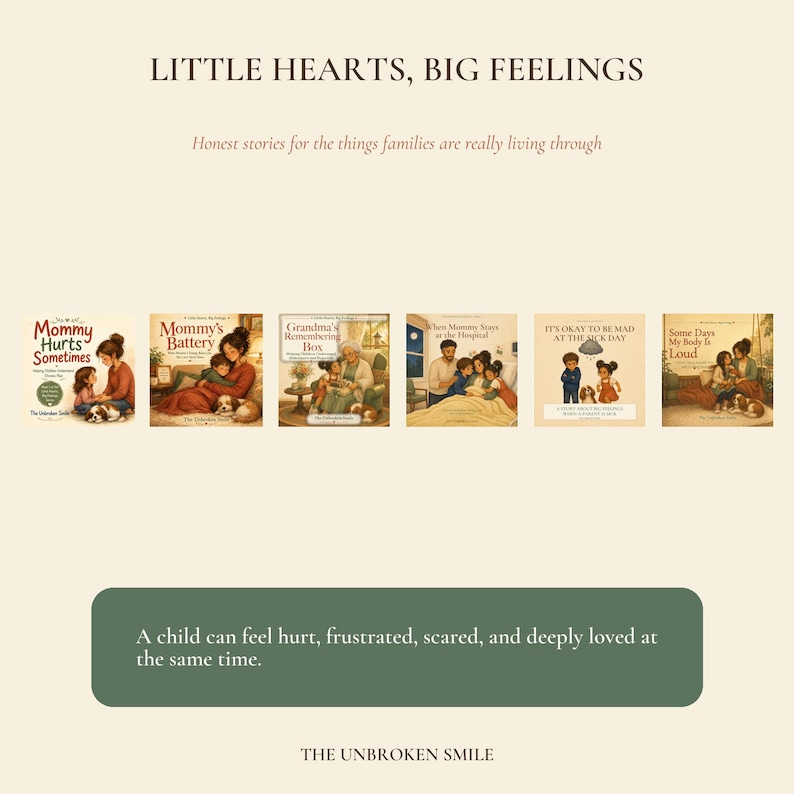 Pu&ograve; includere: Una collezione di sei libri per bambini intitolata Little Hearts, Big Feelings, con copertine illustrate e titoli come Mommy Hurts Sometimes, Mommy's Battery, Grandma's Remembering Box, When Mommy Stays at the Hospital, It's Okay to be Mad at the Sick Day e Some Days My Body is Loud.