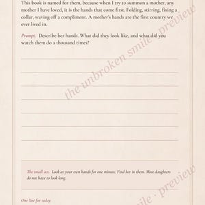 May include: A journal page titled Day 11 Her hands, featuring a writing prompt about mothers, lined spaces for reflection, a small act instruction, a one line for today section, and a delicate floral illustration at the bottom left corner.